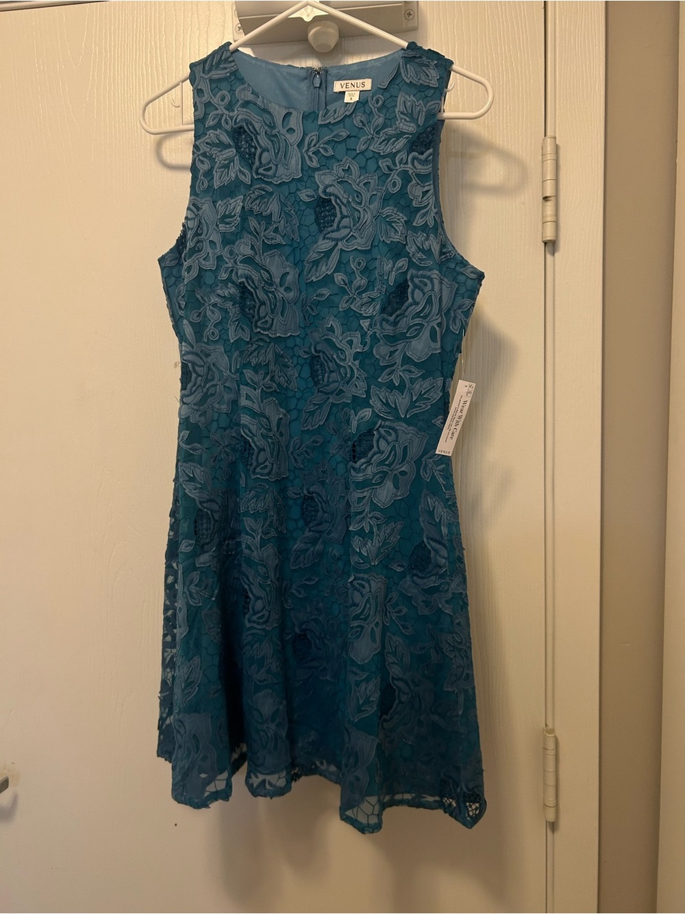 VENUS Teal Blue Floral Lace Fit-and-Flare Dress